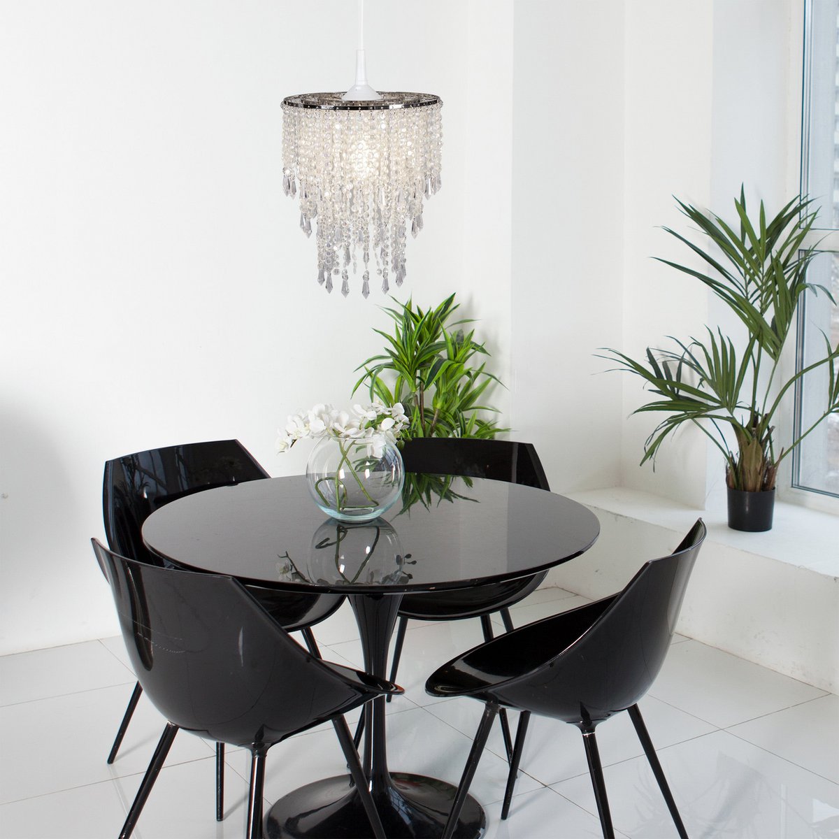 Deko hanger lamp "Kira", moderne kroonluchter gemaakt van metaal en plastic in helder/transparant, met E27 -versie en een Øvon 22,5 cm