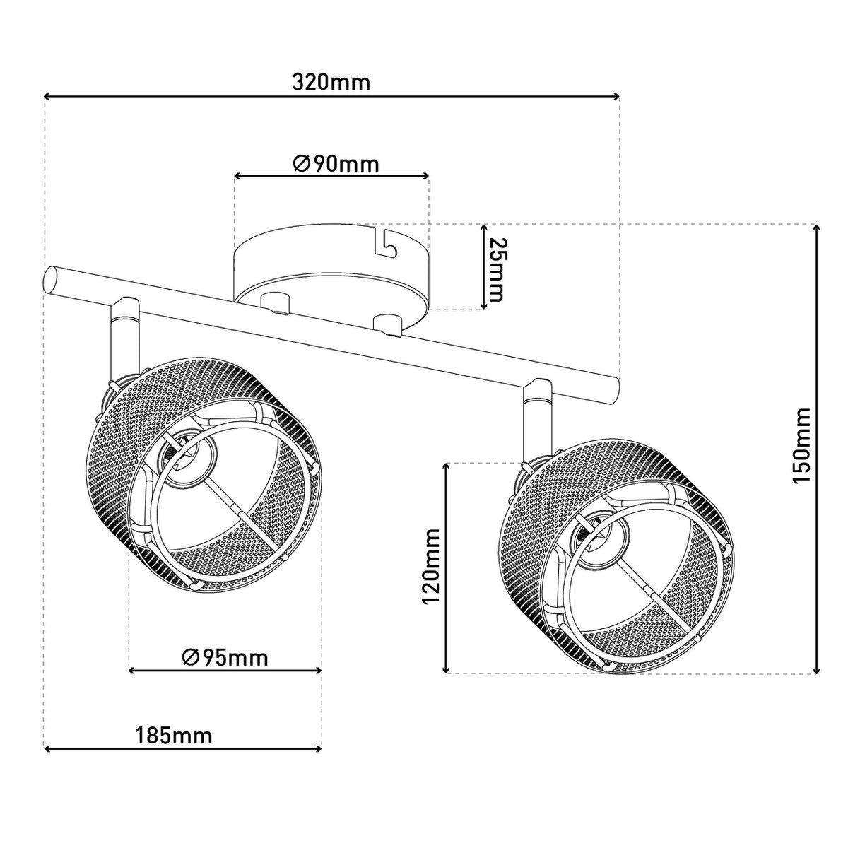 2-weg en plafondlichtspot "foro" gemaakt van metaal in zwart , met E14-versies, ongeveer 32 x 18,5 x 15 cm. Stijlvolle verlichting voor woonkamer, eetkamer of keuken.
