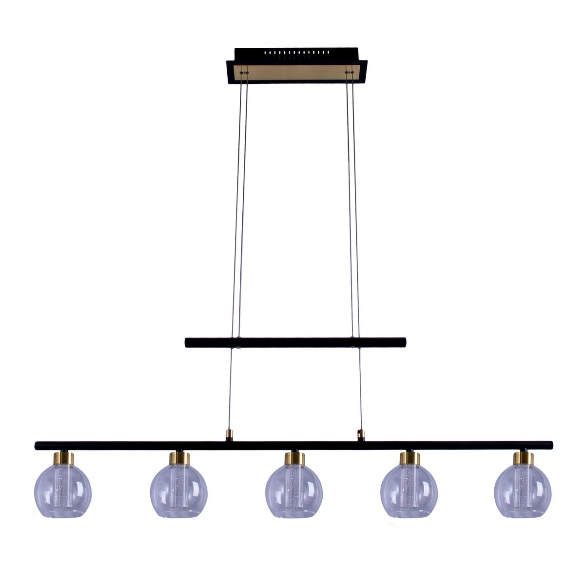 LED-glazen hanglamp "messing" zwart, klassiek, hangende lamp gemaakt van zwart metaal en glas, met stevig ingebouwde LED's, verlichting voor woonkamer, eetkamer of kantoor, 90 cm lang