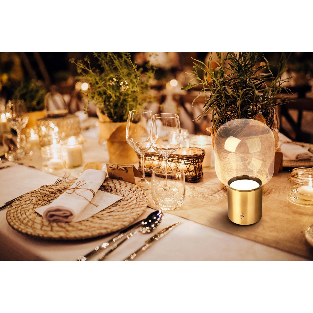 Draadloos tafellicht "Albero" decoratief tafellicht gemaakt van messing gekleurd metaal en glas met stevig ingebouwde LED's, dimbaar met aanraaksensor, 25 cm hoog