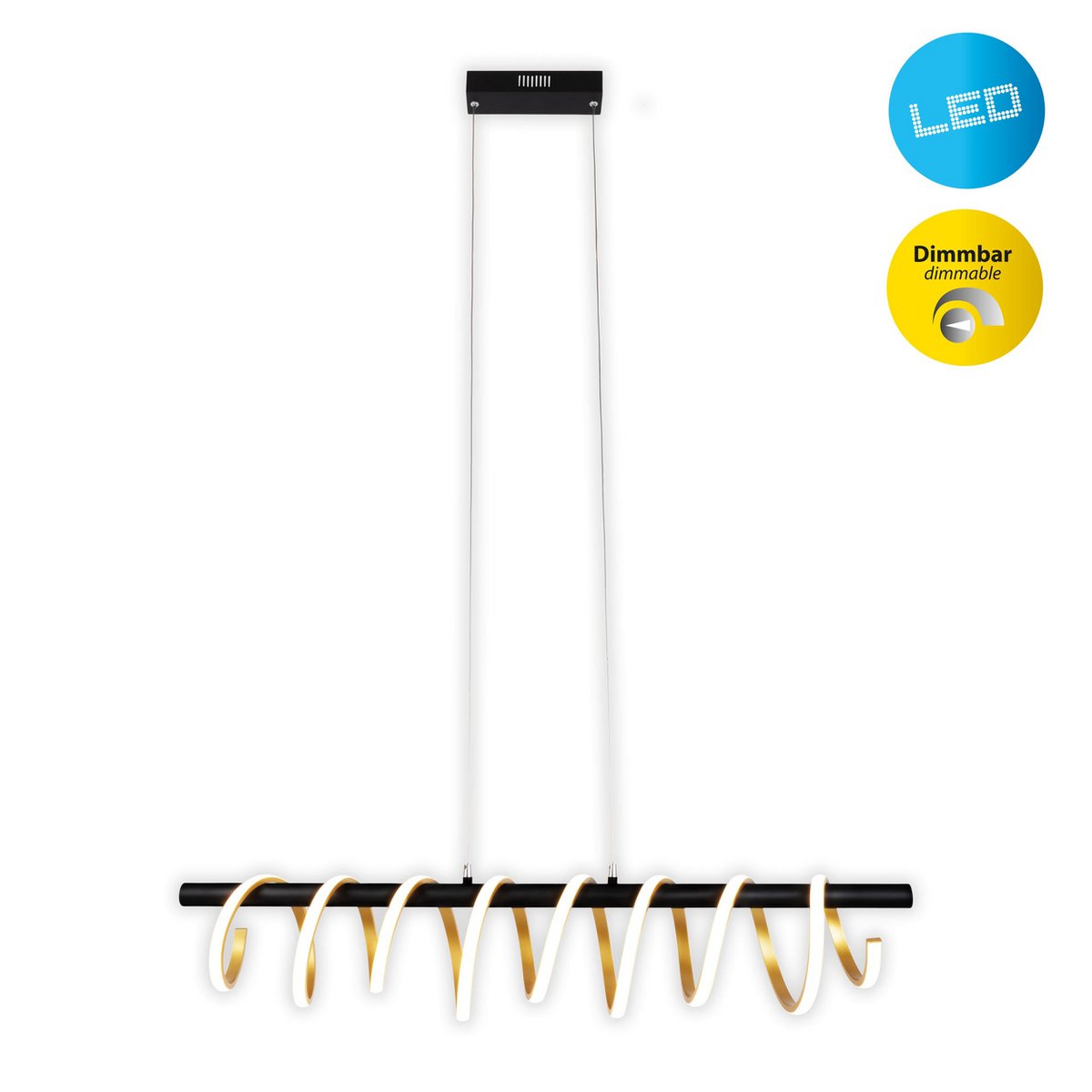 LED -hanglamp "Belleza", moderne metalen hanglamp en plastic zwart, goud en wit, met stevig ingebouwde LED's, 100 cm lang. De ideale verlichting voor woonkamer, eetkamer of keuken.