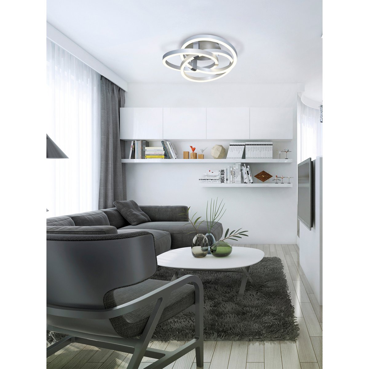 Smart Home LED plafondlicht "Divora" Ø 58 cm, plafondlamp gemaakt van metaal, aluminium geborsteld en wit plastic, met veel functies, stevig gebouwd -in LED's, verlichting voor woonkamer, eetkamerkantoor of gang