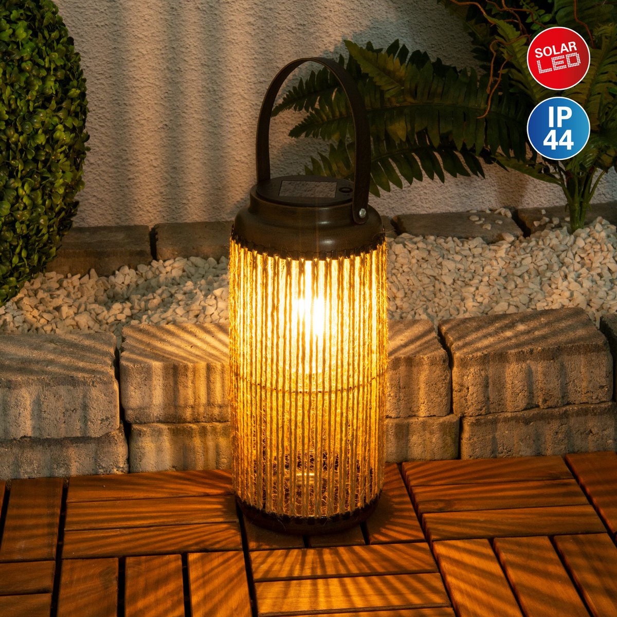 LED ZONNELIJKE LICHT "KORBINIAN" voor tuin en terras, decoratieve lamp gemaakt van metaal met jutespanning in de natuur, LED's stevig geïnstalleerd zonnelamp voor buiten 29 x 13 cm