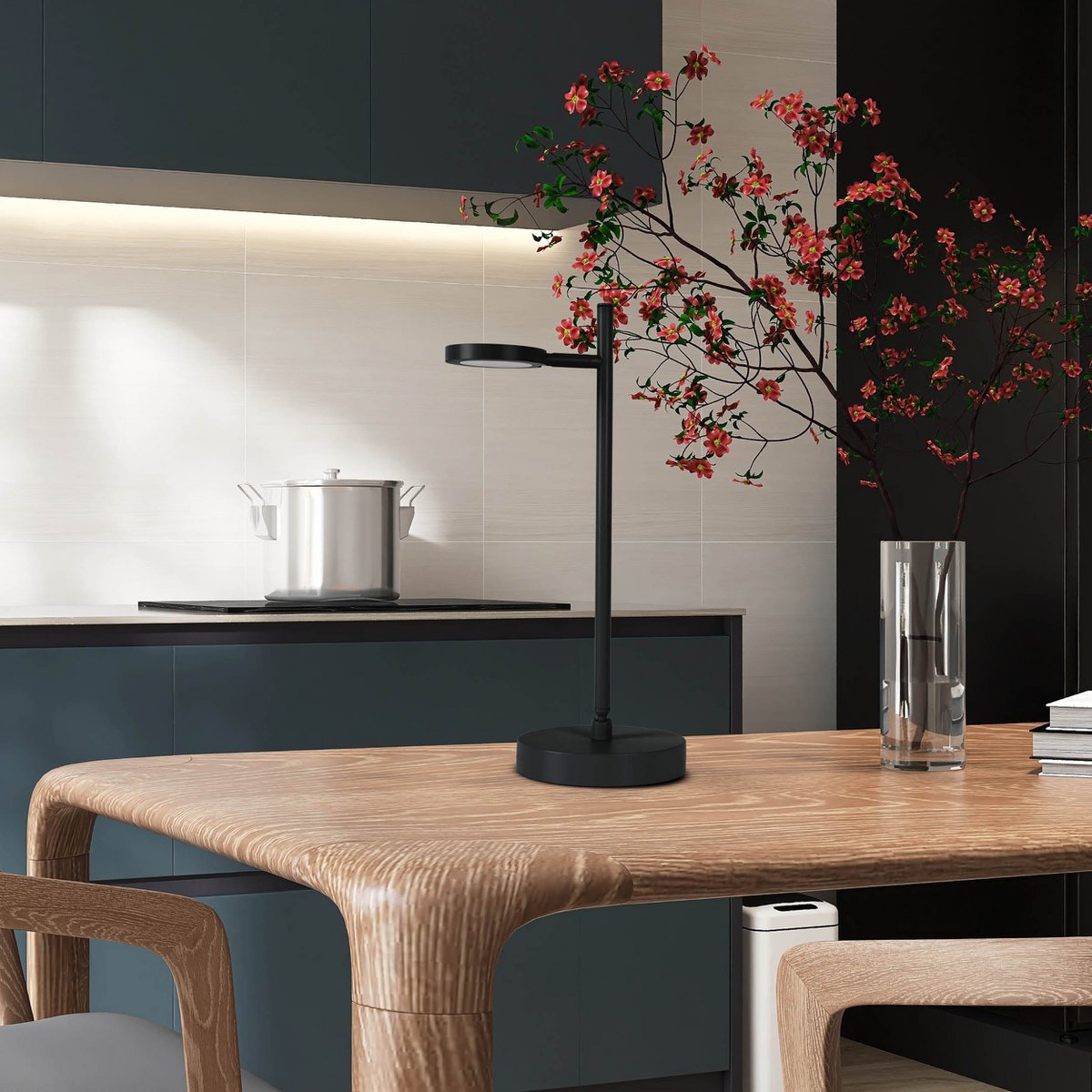 LED draadloze tafellicht "Lupa", 45 cm hoog, gemaakt van geverfd aluminium (zwart) en wit plastic, LED geïntegreerde, dimbare, aanraaksensor.