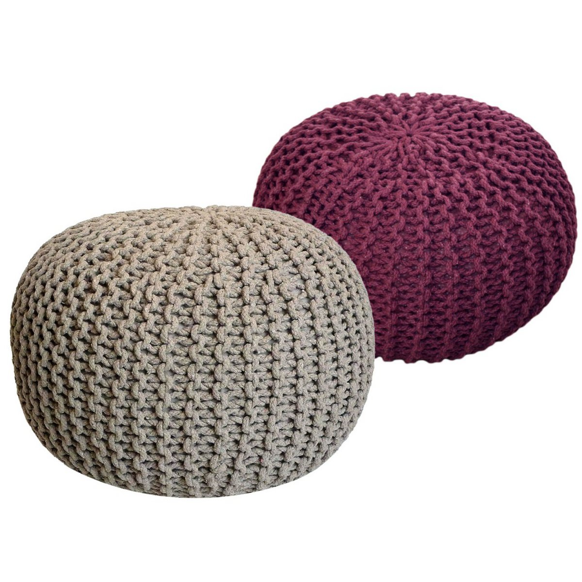 Sitzhocker Pouf SET 2 Stück Ø 55 cm H 37 cm Strickhocker Bodenkissen Grobstrick-Optik nachhaltig