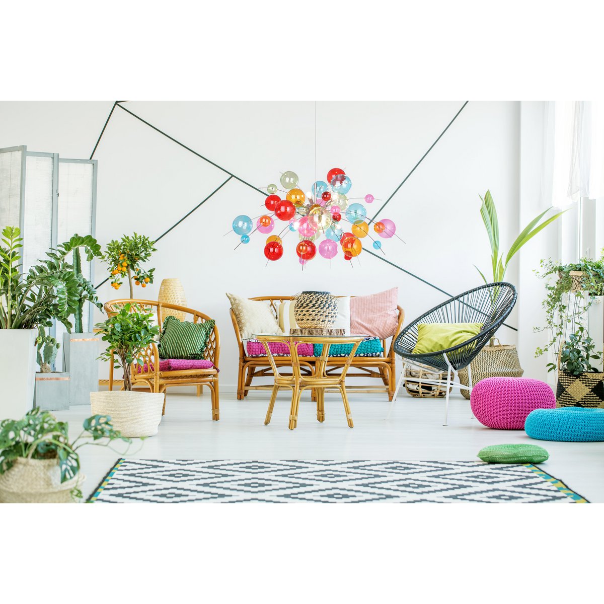 Hanger lamp "explosie" gekleurd gemaakt van metaal en glas, G9 -versies, hangende lamp voor eetkamer, woonkamer, hal of kantoor, Øca. 98 cm