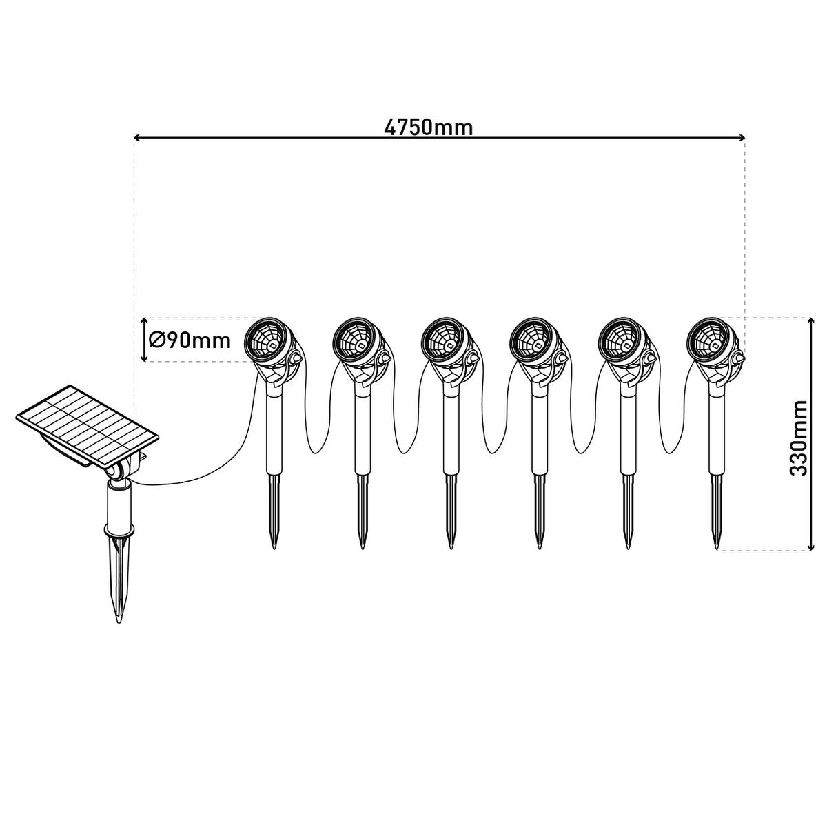 Solar / EarthSpout 6 Set "nomi" ca. 475 cm lang, gemaakt van zwart plastic, warm wit