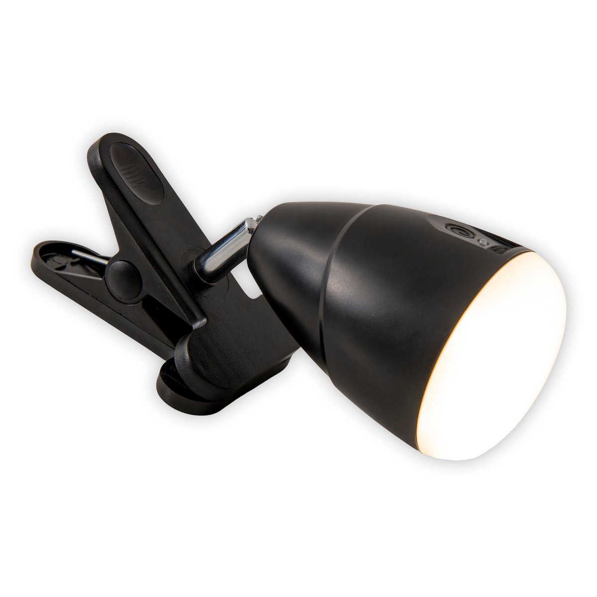 LED -klemlamp gemaakt van metaal en plastic in het zwart, met geïntegreerde LED's