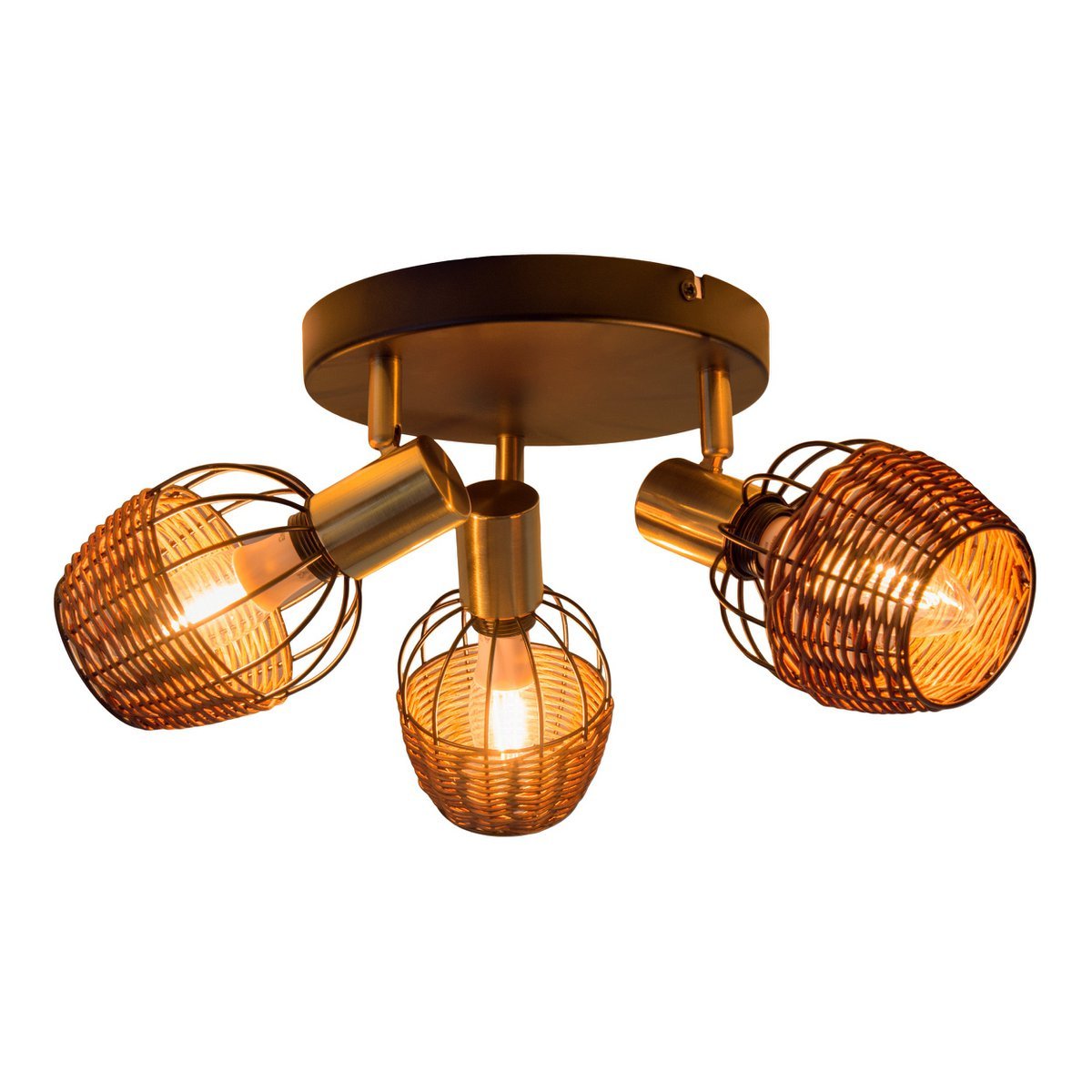 3 "Corbis" plafond Rondel, metalen plek in zwart, met goud en rattan, met E14 -aansluiting, voor eetkamer, woonkamer, gang of kantoor, verlichting voor woonkamer, eetkamer of kantoor, 38 cm diameter, diameter van 38 cm