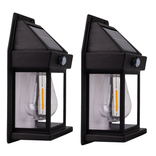 2 Set Solar Wall Lamp "Mira" ca. 17 cm hoog, gemaakt van zwart weerbestendig plastic, geïntegreerde LED in warm wit, inclusief bewegingsdetector en schemeringsensor