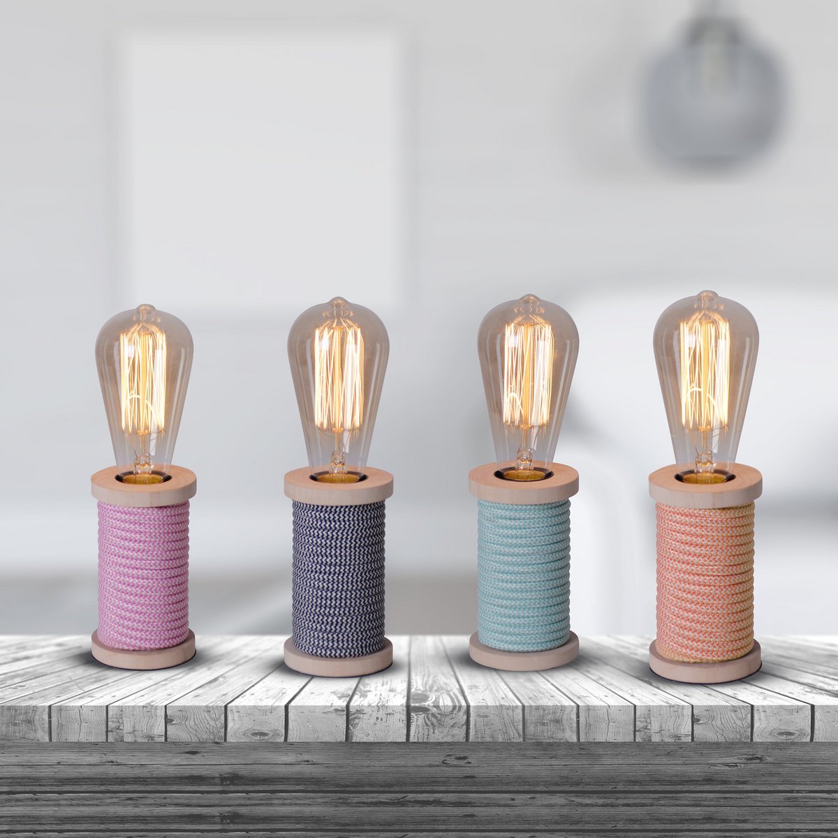 Tafellamp max. 12 cm hoog, decoratieve tafellamp gemaakt van metaal en plastic en textielmateriaal in turquoise wit, E27 -versie, tafellamp voor eetkamer, keuken, kinderkamer, gang