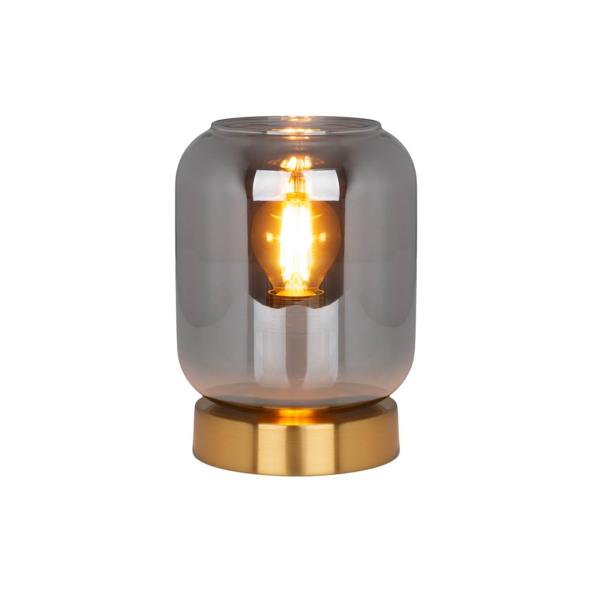 Glazen tafellicht "Alessio", 17 cm hoog, Ø 12 cm, goudkleurig metaal, rookglas, E14