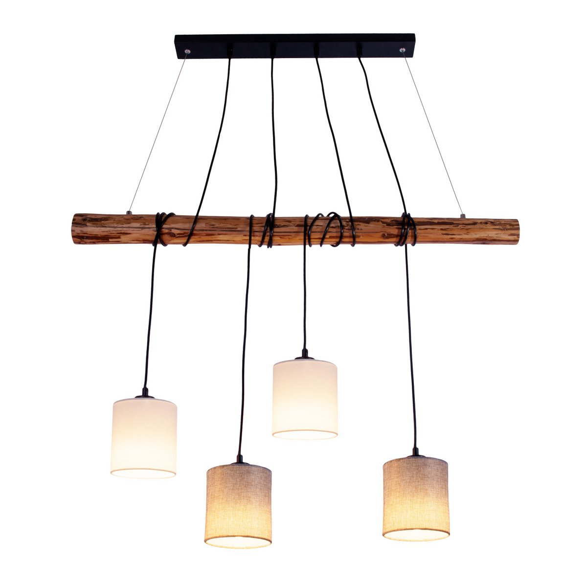 4 hanglamp "Malta" gemaakt van metaal en hout, met textielparaplu's in grijs en wit, E27 -aansluiting, verlichting voor woonkamer, kantoor of nachtkastje