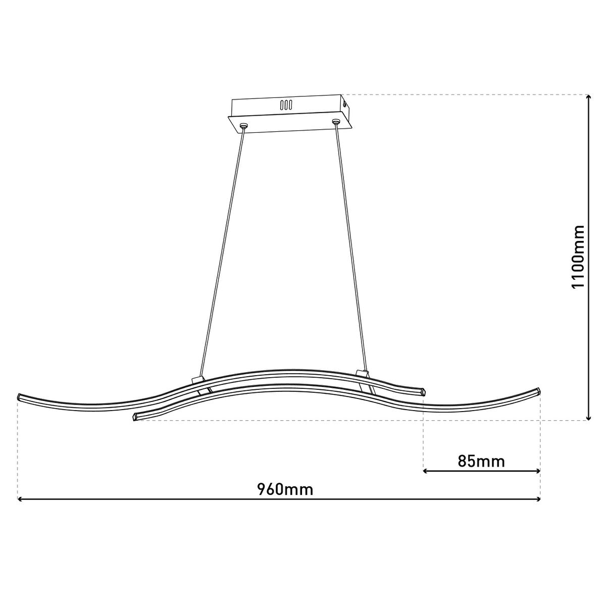 LED hanglamp "onda", hanglamp gemaakt van metaal en plastic in zwart, met stevig ingebouwde LED's, verlichting voor woonkamer, eetkamer of kantoor, 96 cm lang