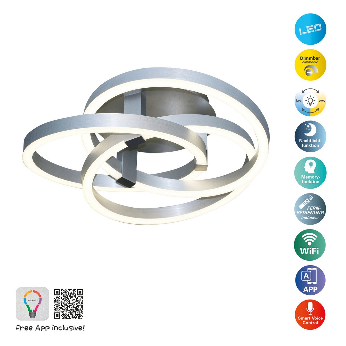 Smart Home LED plafondlicht "Divora" Ø 58 cm, plafondlamp gemaakt van metaal, aluminium geborsteld en wit plastic, met veel functies, stevig gebouwd -in LED's, verlichting voor woonkamer, eetkamerkantoor of gang