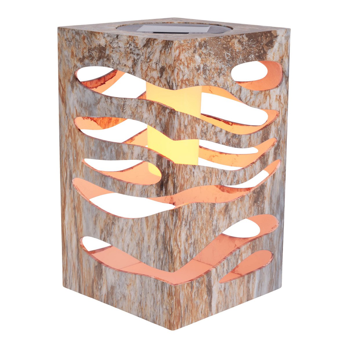 LED Decoratief-Solar Light "Hilda", 12,3 x 12,3 cm, 20 cm hoog, gemaakt van hoogwaardige plastic, bruin-beige marmeren afwerking, geïntegreerde LED, warm wit