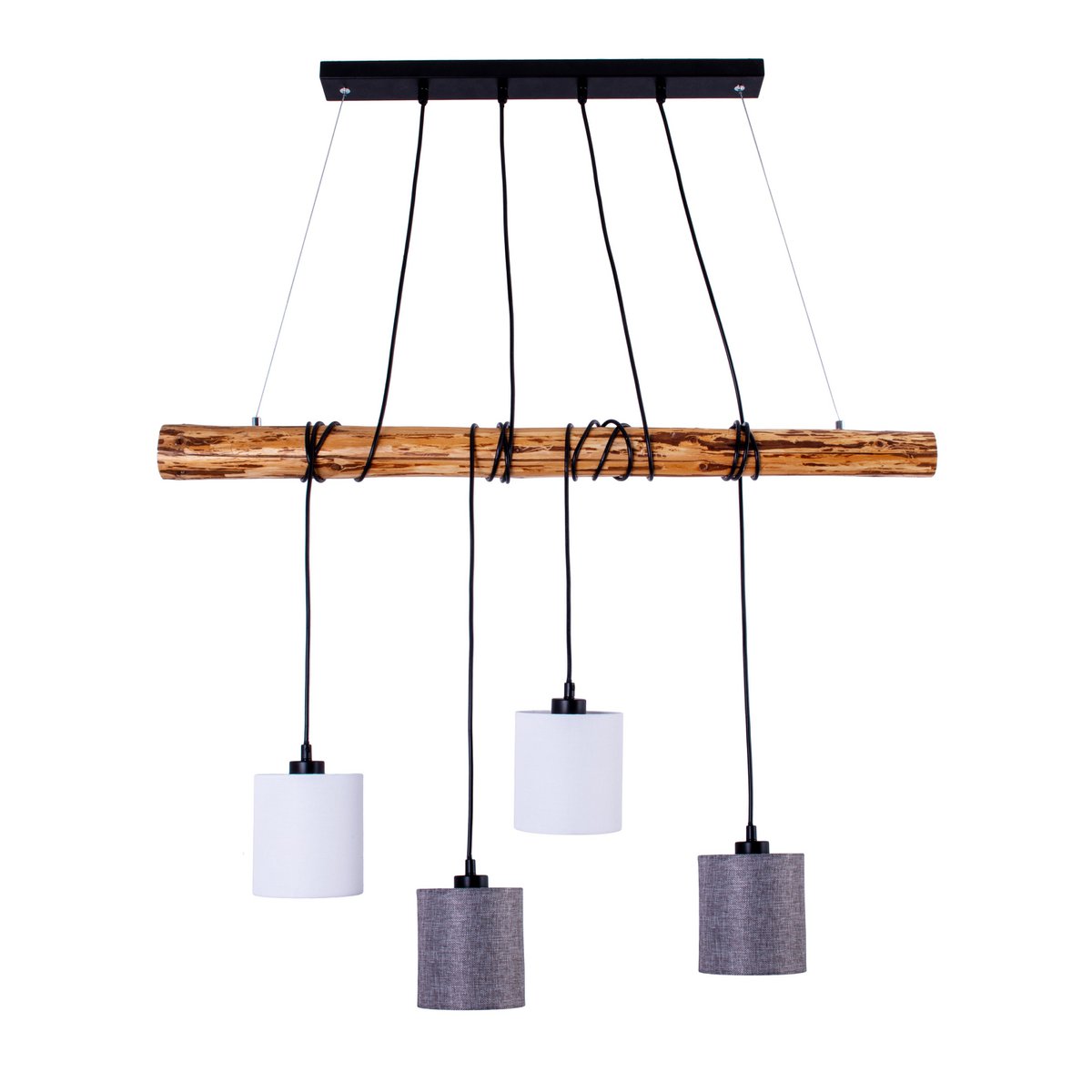 4 hanglamp "Malta" gemaakt van metaal en hout, met textielparaplu's in grijs en wit, E27 -aansluiting, verlichting voor woonkamer, kantoor of nachtkastje