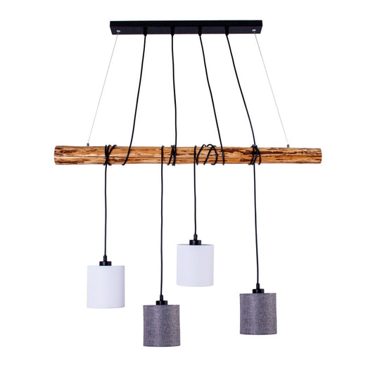 4 hanglamp "Malta" gemaakt van metaal en hout, met textielparaplu's in grijs en wit, E27 -aansluiting, verlichting voor woonkamer, kantoor of nachtkastje