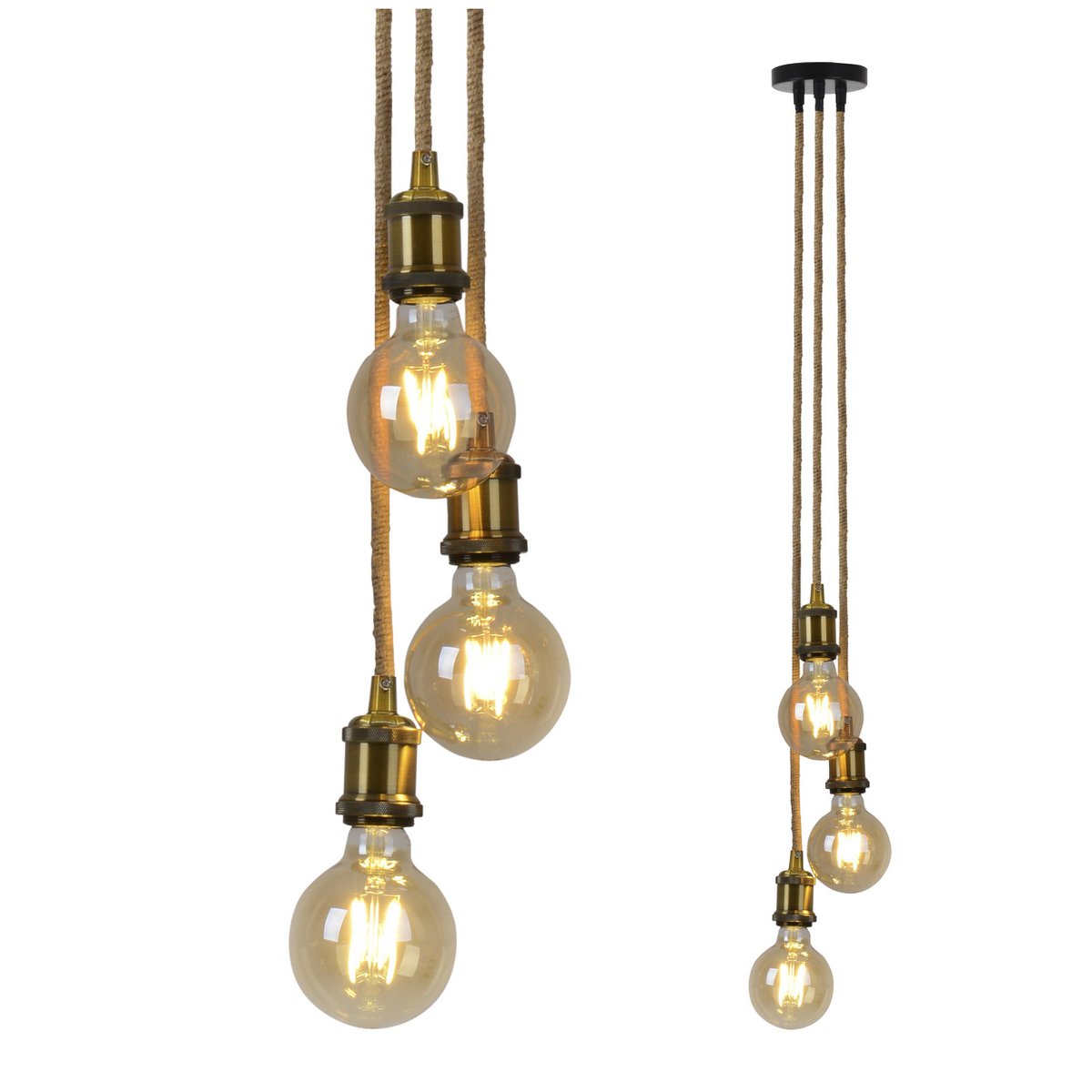 3 Metal Baldachin "Ontario" decoratieve hanglamp gemaakt van metaal in alt-messing en jute, E27-versies, verlichting voor woonkamers of kantoor.