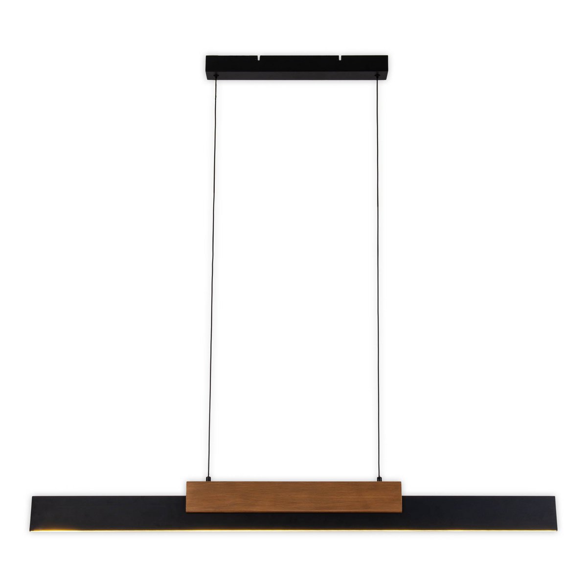 LED hanger lamp Brown "Wiebke" bestaat uit metaal en hout (MDF) in zwart en bruin. Het is ongeveer. 120,5 cm lang, ca. 6 cm breed en tot ongeveer. 150 cm hoog. Hoogte verstelbaar, met geïntegreerde lamp, dimbaar, met geheugeneffect