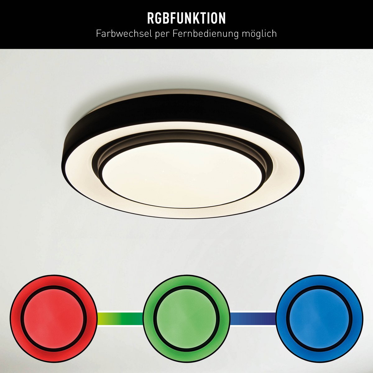 LED -plafondlamp "Monterey" Ø 47,5 cm, vele functies, gemaakt van metaal en plastic in het zwart, met geïntegreerde LED's, verlichting voor woonkamers, gang of kantoor