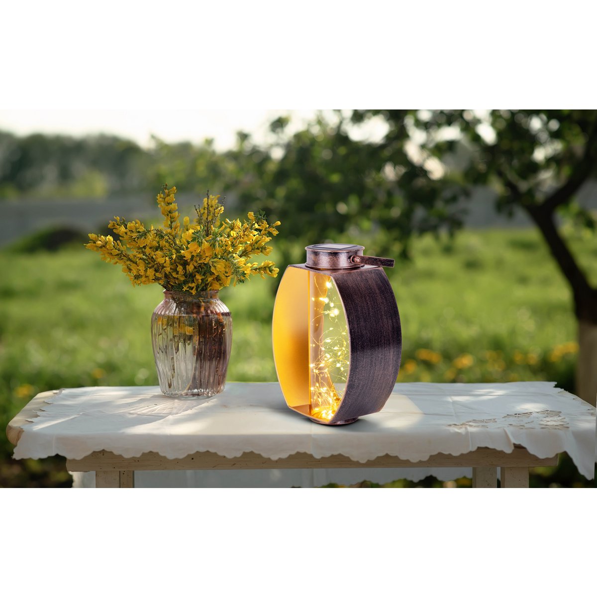 LED ZONNELIJKE LICHT "Fairylight" voor terras en balkon, LED -tafellamp gemaakt van metaal gemaakt van zwart en goud en acryl, stevig gebouwd -in LED's, decoratie Solar Light 26 x 19,5 x12,5 cm