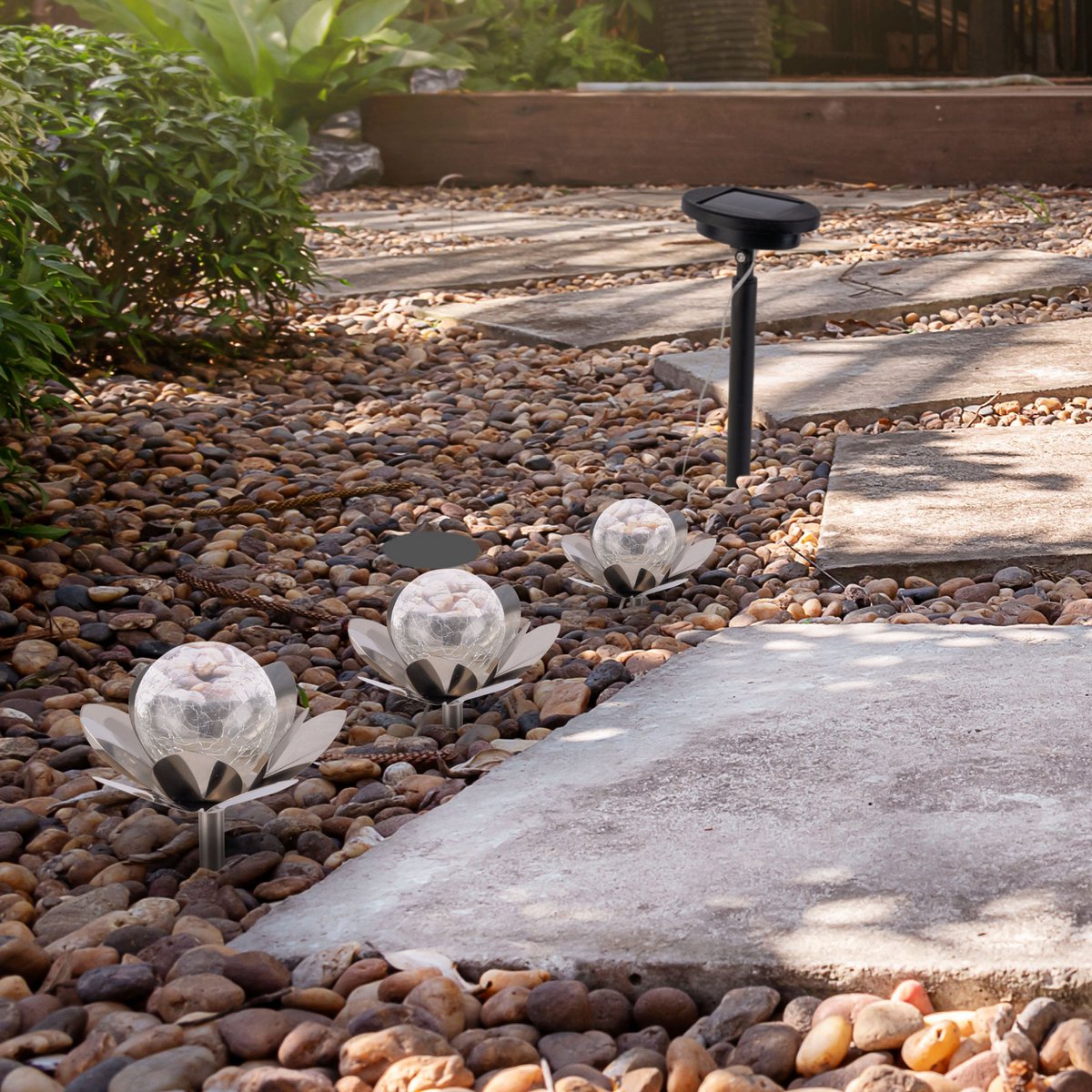 Solar-deco-earthspieß 3 set "lule" Ø ca. 10 cm, ca. 20 cm hoog, roestvrij staal, glas met een knettereffect