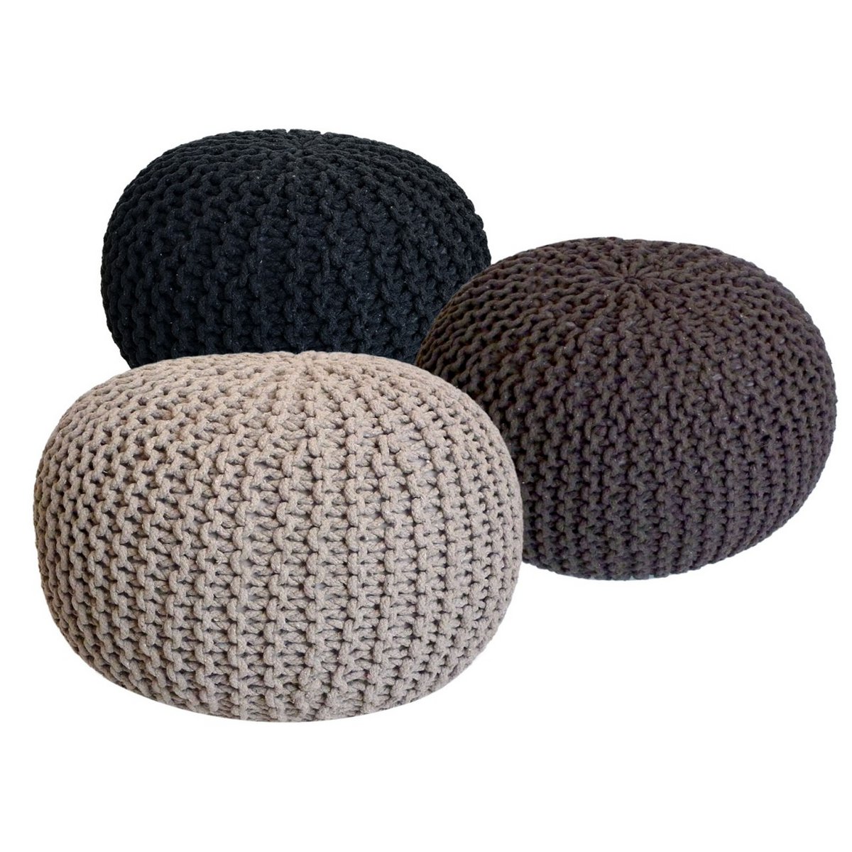 Pouf Set 3 Stück Ø 55 cm Bodenkissen Strickhocker Sitzhocker Sitzkissen Hocker nachhaltig Grobstrick