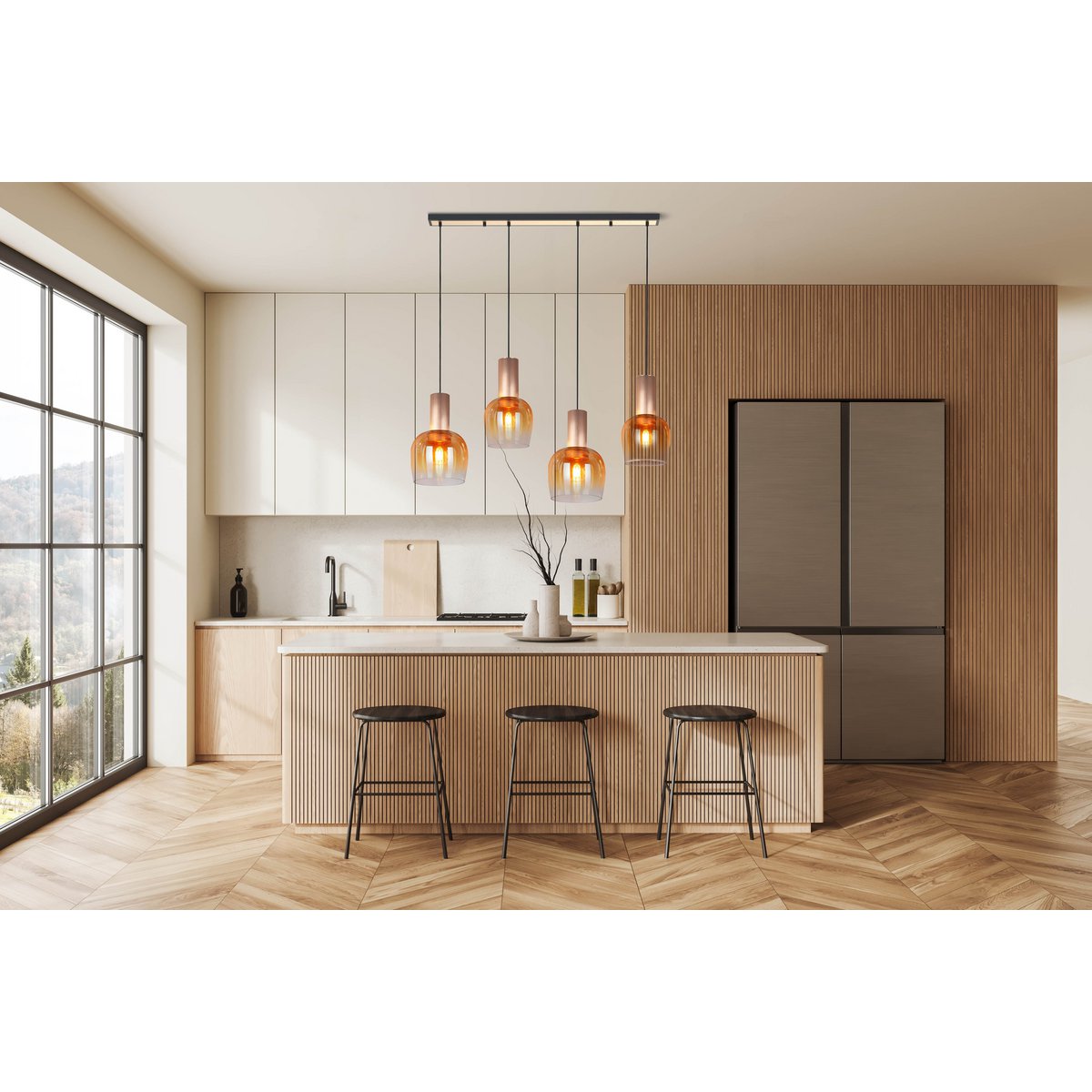 4-be hanger lamp "funda", retro hanger lamp gemaakt van amber-gekleurd glas en mat geborsteld, messing gekleurd metaal, met E27 verticals, 111 cm lang, 150 hoog, ideaal voor eetkamer, woonkamer en keuken.