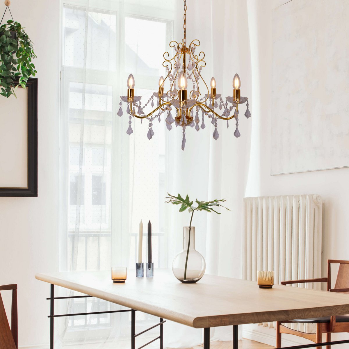 Krone 5flg. "Lucia" met gordijn, gemaakt van metaal en plastic in goud, met E14 -versie, verlichting voor eetkamer, woonkamer, gang of kantoor