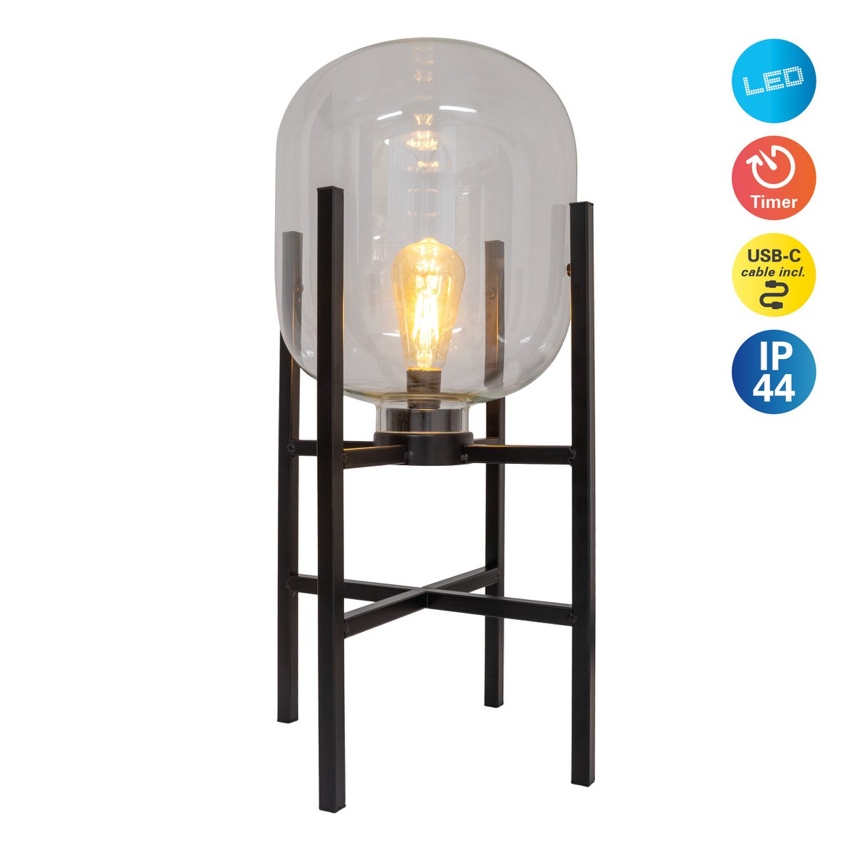 LED Socket Light "Lora" hoogte 58 cm, gemaakt van metaal en glas, gemaakt van zwart metaal en helder glas, voor binnen en buiten