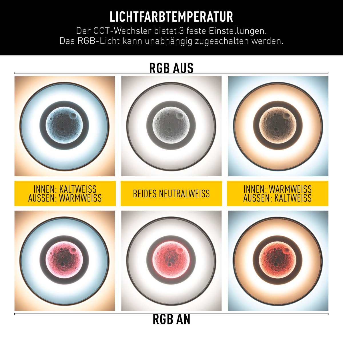 LED -plafondlamp CCT / RGB met maanstructuur, Ø 50 cm, veel functies, gemaakt van metaal en plastic, inclusief afstandsbediening