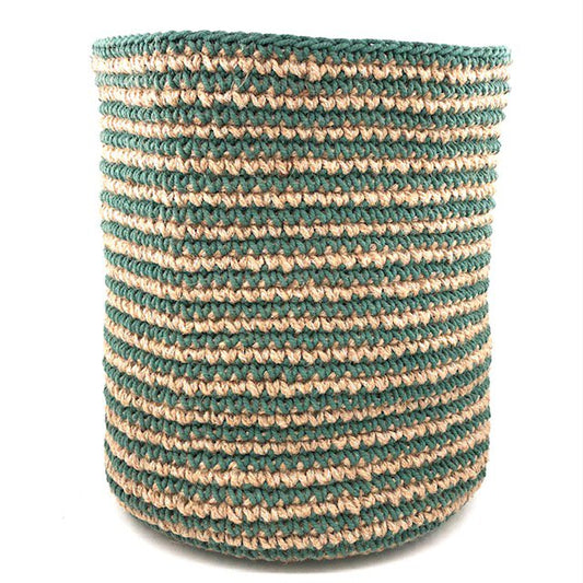 Luna -Leena -mand Hoog met groene strepen - Jute & Cotton - H30cm - Hand Haak in Nepal