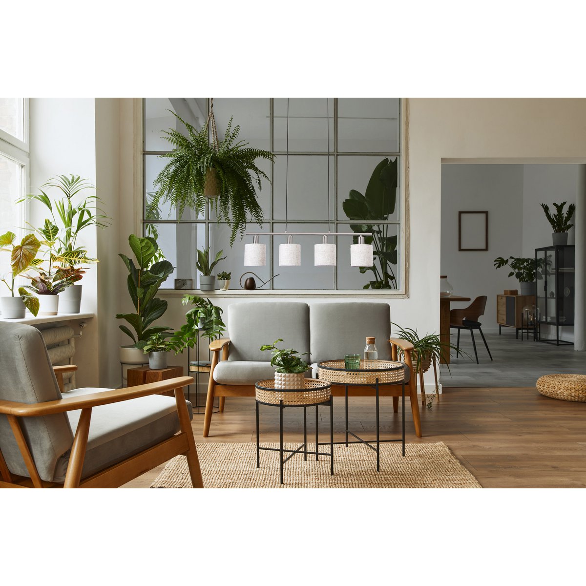 4 hanger lamp "maron" gemaakt van metalen satin mat met stof paraplu's in de natuur, met E14-aansluiting, lamp voor woonkamer of eetkamer, 71,5 x 12 cm