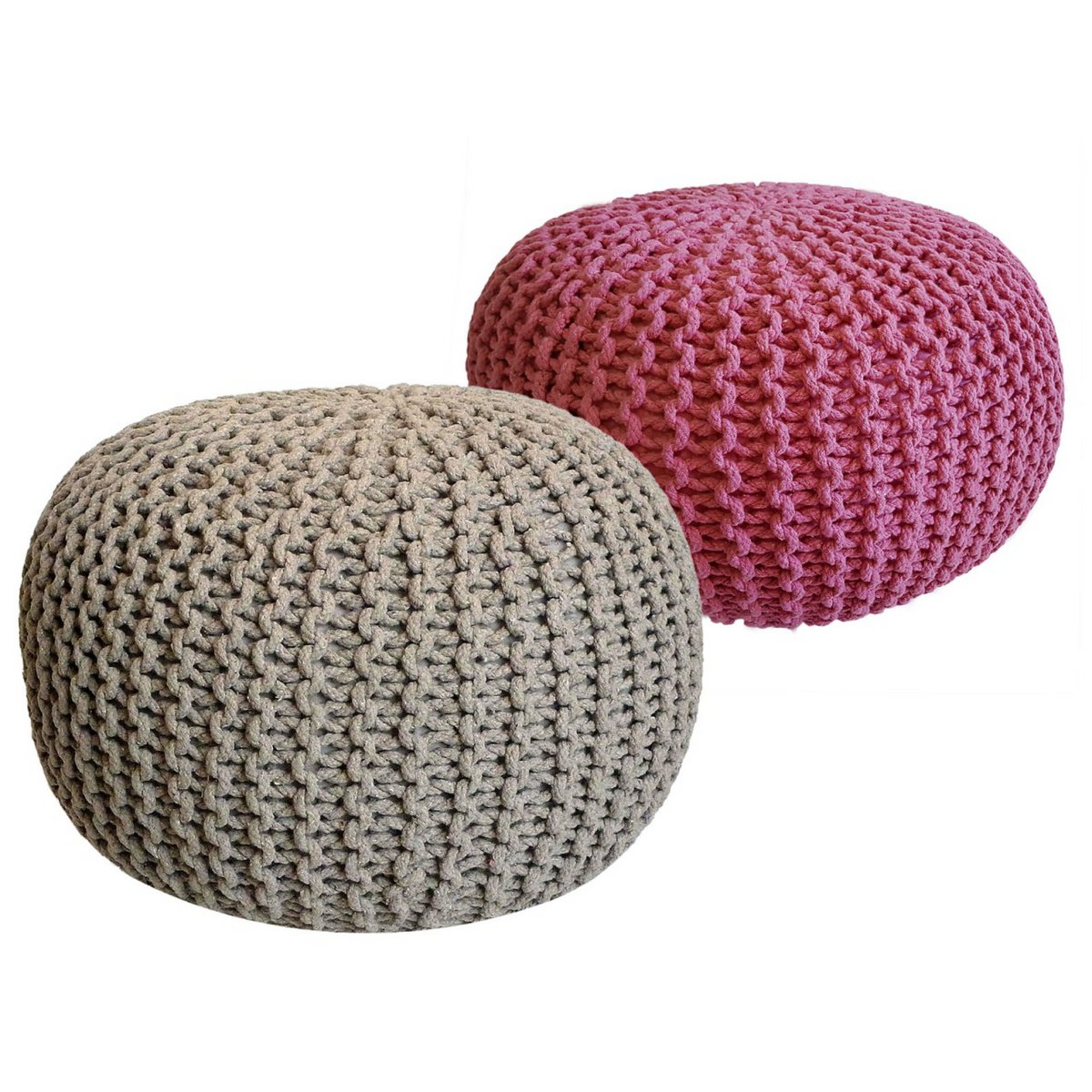 Sitzhocker Pouf SET 2 Stück Ø 55 cm H 37 cm Strickhocker Bodenkissen Grobstrick-Optik nachhaltig