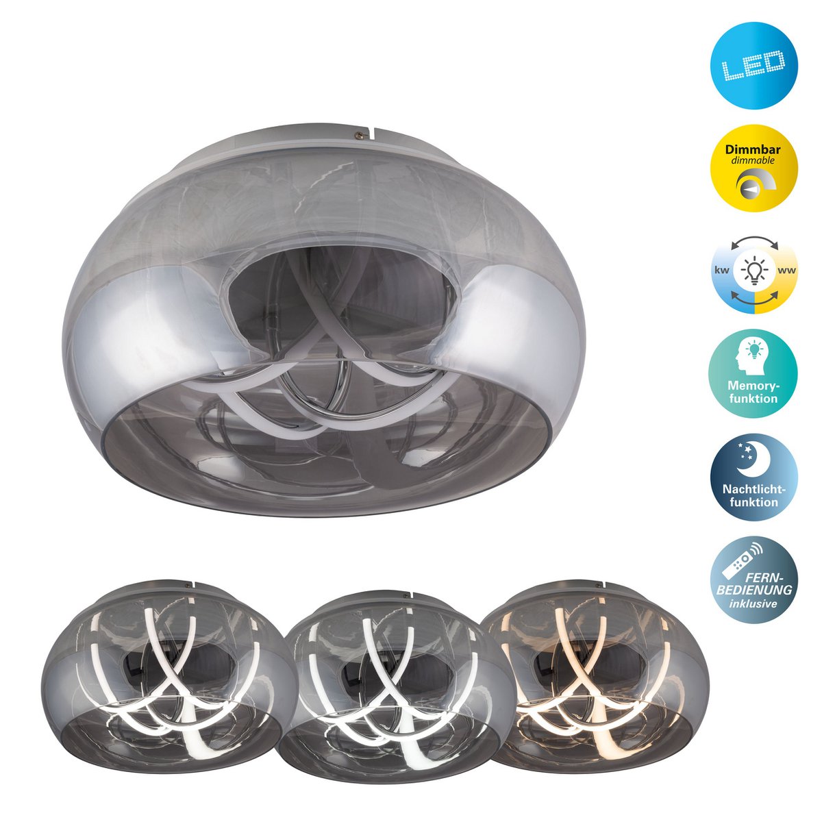 LED -plafondlicht "Malou" Ø 45 cm, 23,5 cm hoog, gemaakt van metaal, rookglas, geïntegreerde LED's, warm wit