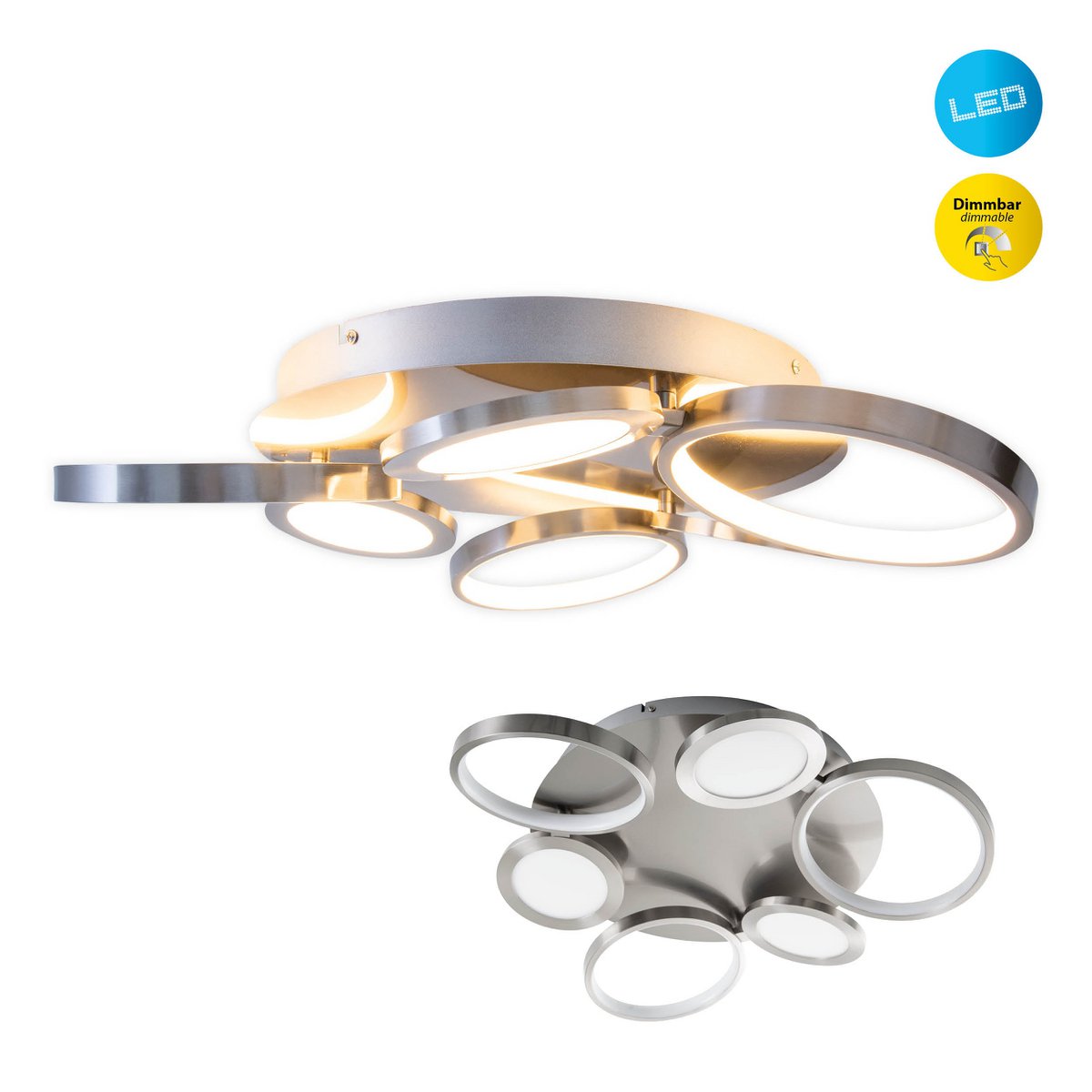 LED-plafondlicht "Stelari" Ø 56 cm, gemaakt van metaal in stalen blank en wit plastic, met stevig ingebouwde LED's, plafondlamp voor woonkamers of kantoor